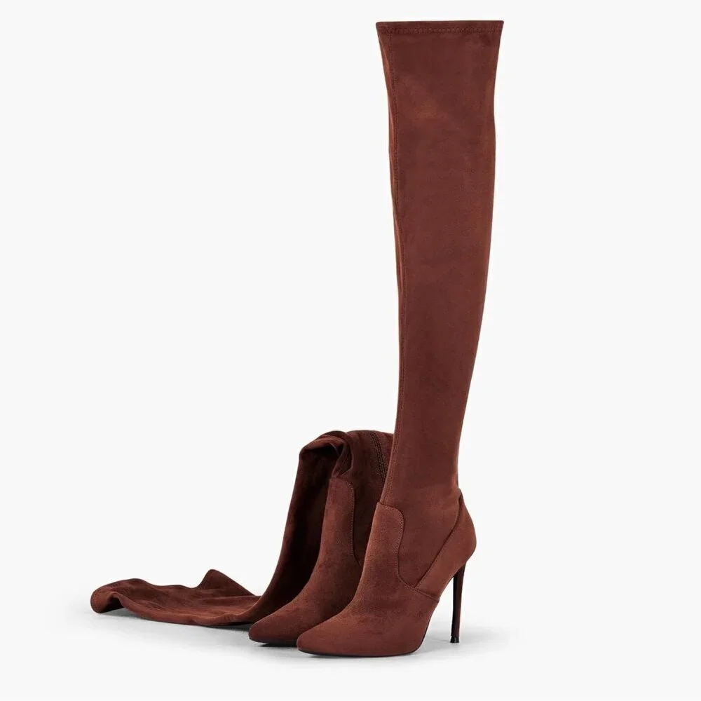Women Brown Suede Pointed Toe 4.3 inch Stilettos Thigh High Stretch Heels Boots